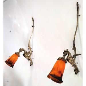 Pair Of Neo Gothic Dragons Bronze Sconces