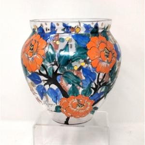 Glass Vase By Adrien Mazoyer With Orange Flowers