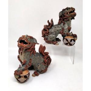 Pair Of Porcelain Fô Dogs Viet Nam Indochina