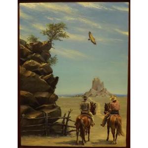 Tableau Huile Sur Toile De Bruno Schmeltz 2 Cowboys Dans Le Desert De l'Arizona