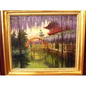 Huile sur toile de Georges Dantu jardin japonais aux glycines