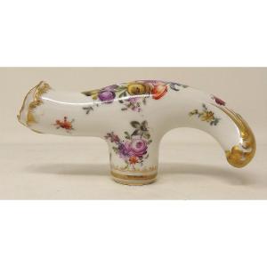 Rococo Style Cane Knob, Saxon Porcelain, Floral Decoration And Gilding