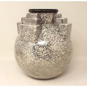 Vase céramique craquelée réhaussée de platine de Berlot-Mussier (Vierzon France) art déco 