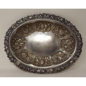 Corbeille en argent anglais décor de pampres, fleurs et fruits EDOUARD BARNARD & SONS