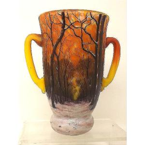 Vase Daum à la forêt sous la neige paysage d'hiver à deux anses
