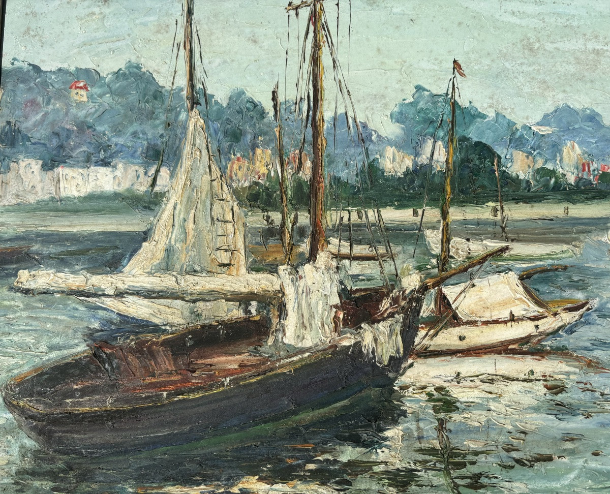 Gaston Laborde Sailboats In The Port Of Trouville Normandy Oil On Panel 1930-photo-3