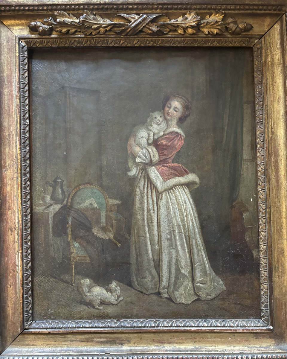 D’après Marguerite GÉRARD (1761-1837) Le Triomphe de Minette Huile 19e Chat Chien