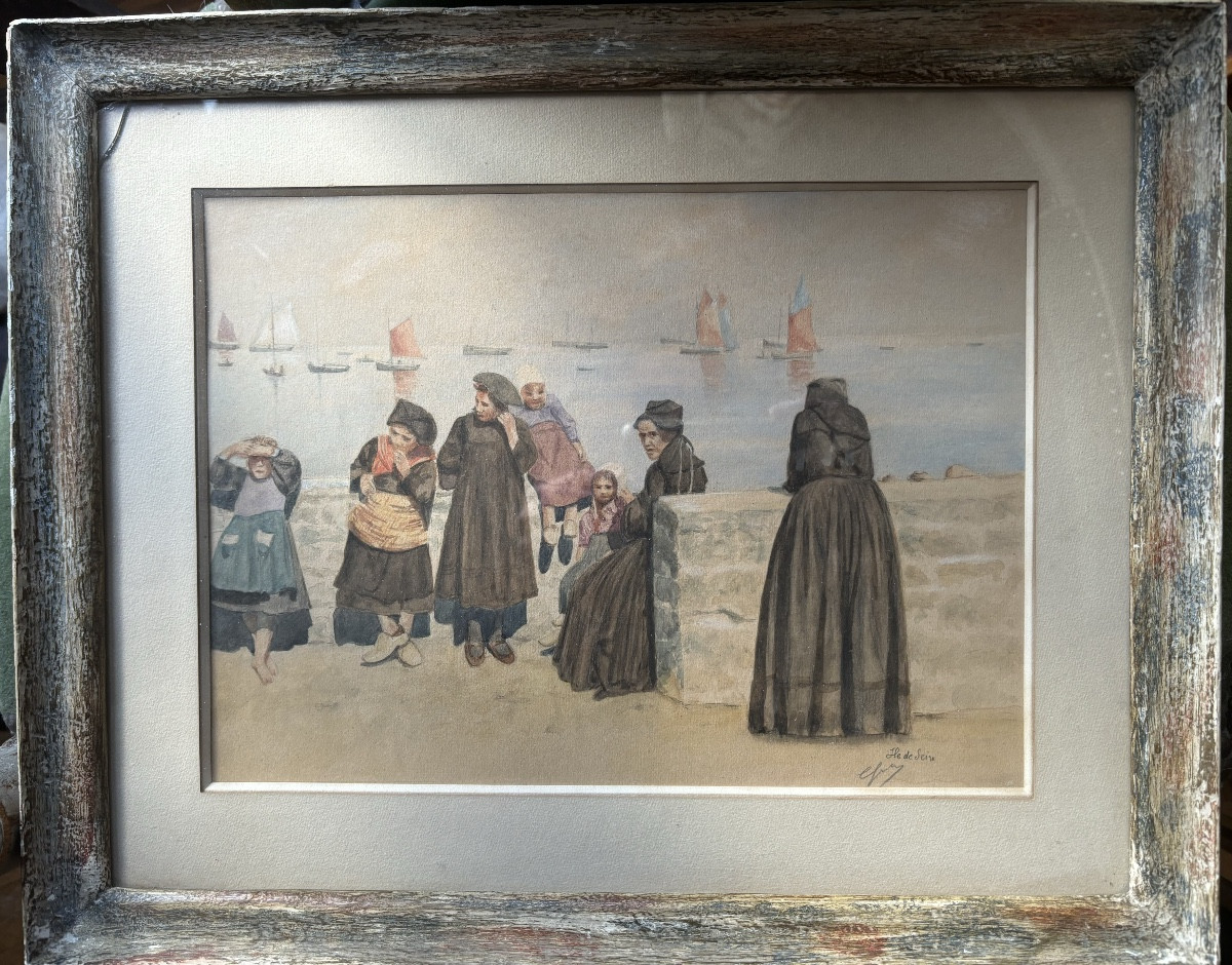 École française vers 1920 Enfants et femmes de marins sur le quai Île de Sein Bretagne 