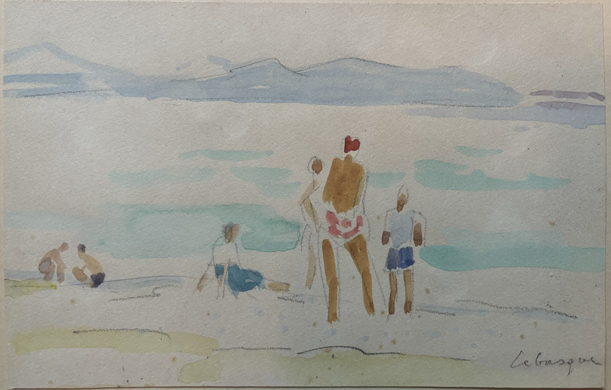 Henri LEBASQUE Plage animée Côte Méditerranée Aquarelle 1920 Cannes Saint Tropez