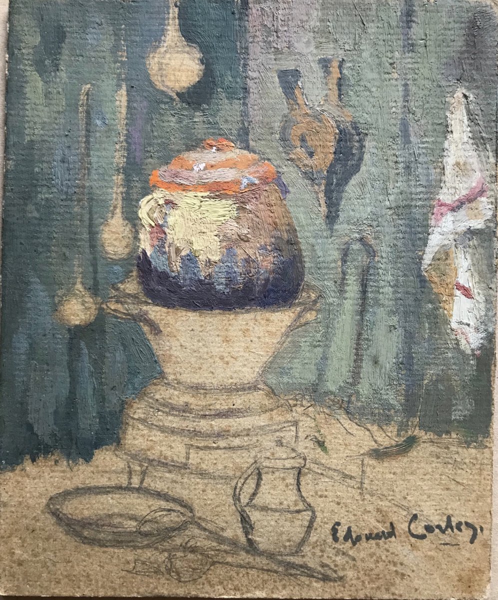 Edouard Cortes « pot sur un chaudron » tempera et crayon  / nature morte 