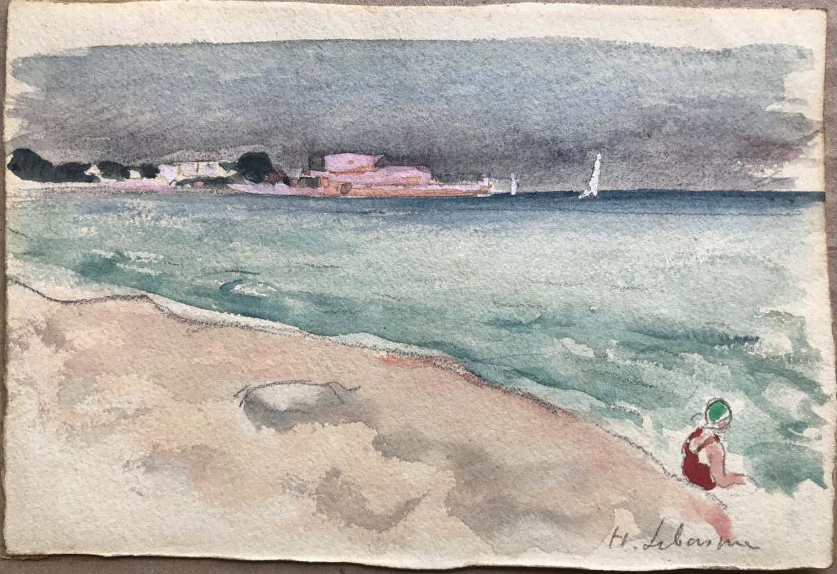 Henri Lebasque « jeune femme au maillot rouge sur une plage » Aquarelle / paysage marin 