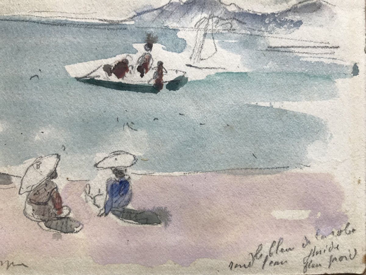 Henri Lebasque « busy Beach On French Riviera », Watercolor