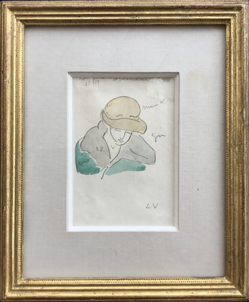 Louis Valtat - Portrait Of Woman With A Hat - Original  Watercolor -photo-2