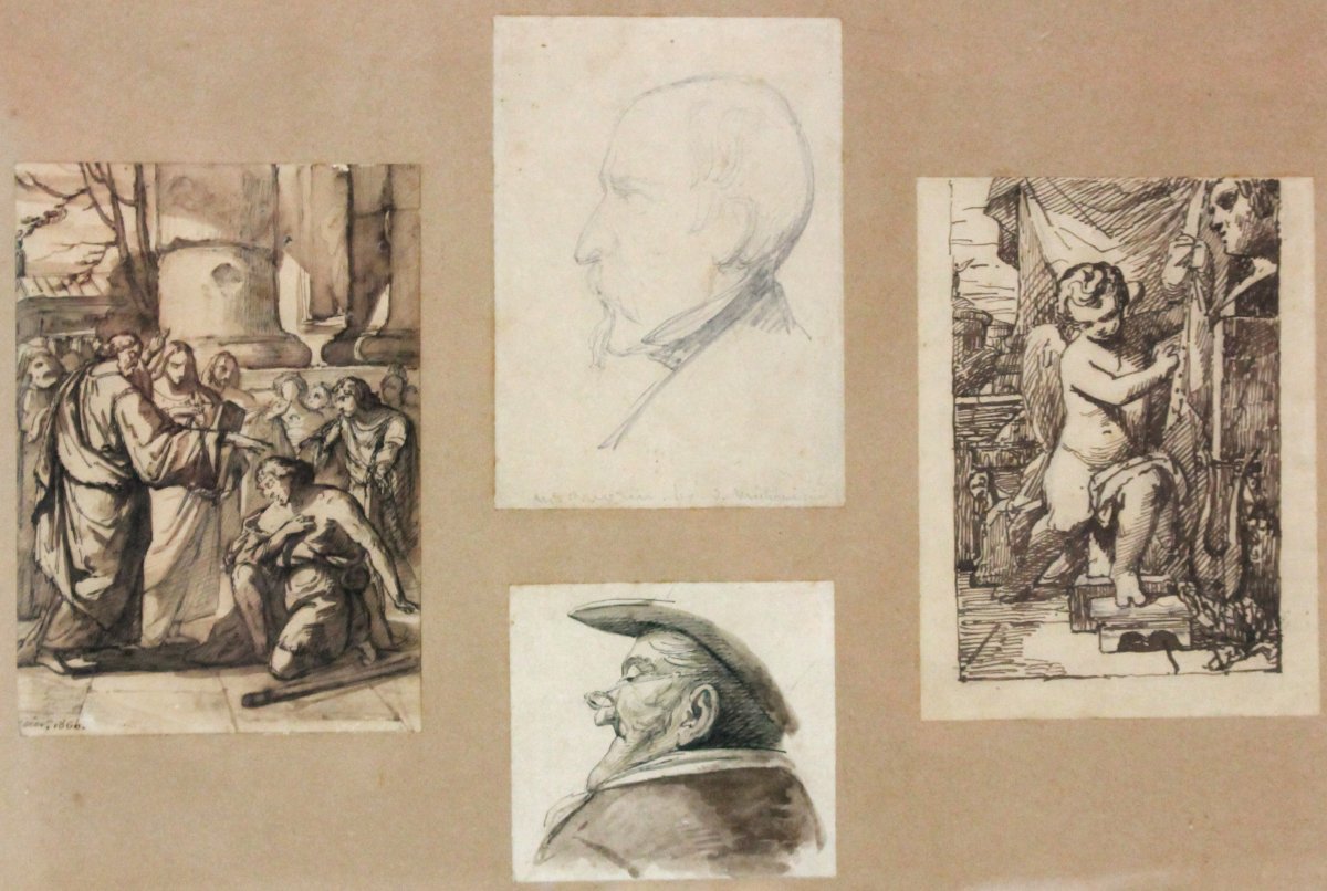 Jean-michel MERCIER - études - 4 dessins encadrés : Portraits, Scène Bilbique, Putto / Angers -photo-2