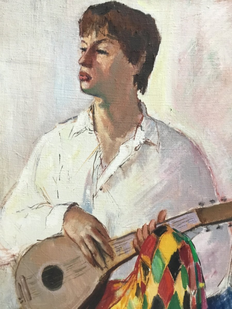 Eugène Gasnier - Huile Sur Toile - Portrait garçon - Jeune Homme Musicien à La Guitare - années 40-photo-1