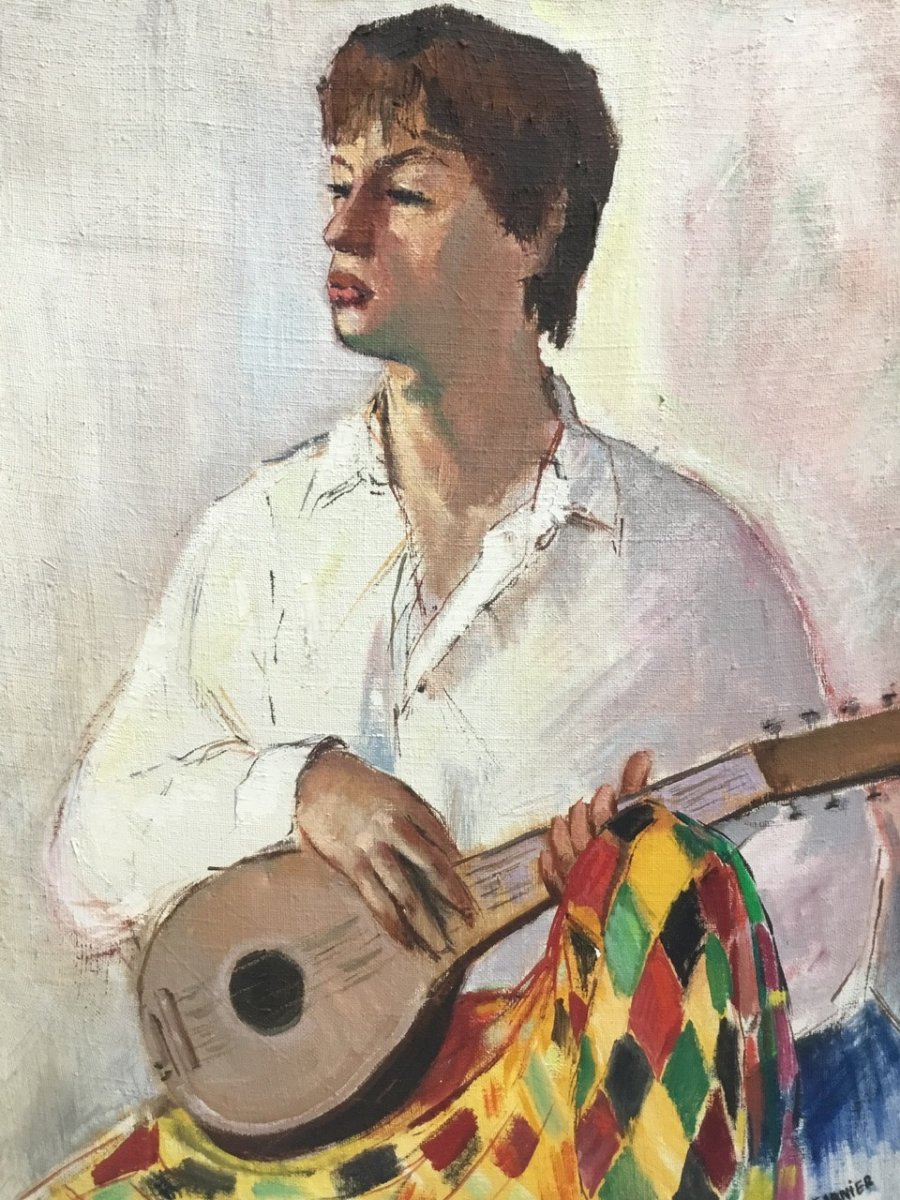 Eugène Gasnier - Huile Sur Toile - Portrait garçon - Jeune Homme Musicien à La Guitare - années 40