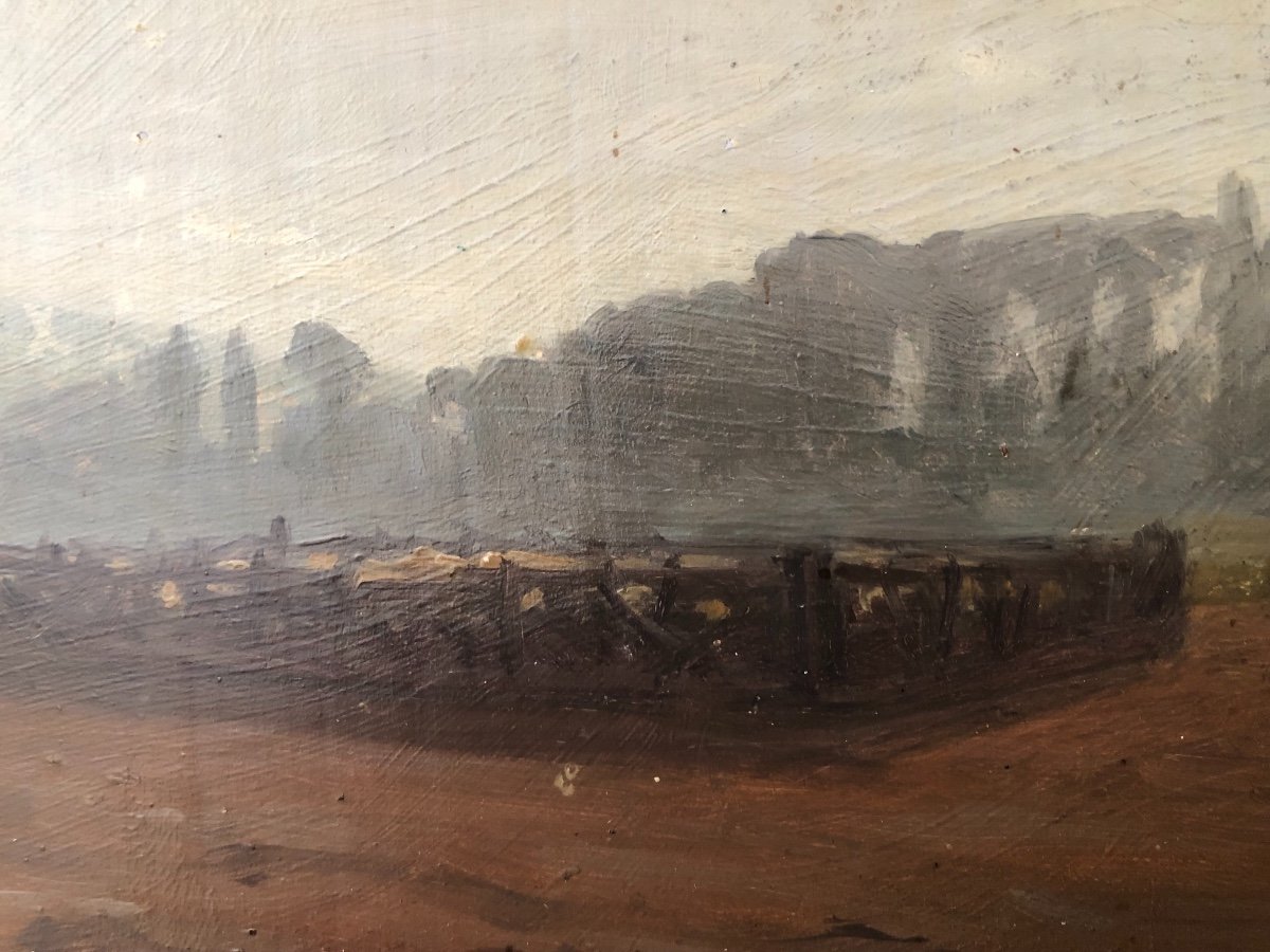 École Française 19e Cabane De Berger Et Enclos à Moutons Huile Sur Panneau  Esquisse -photo-3