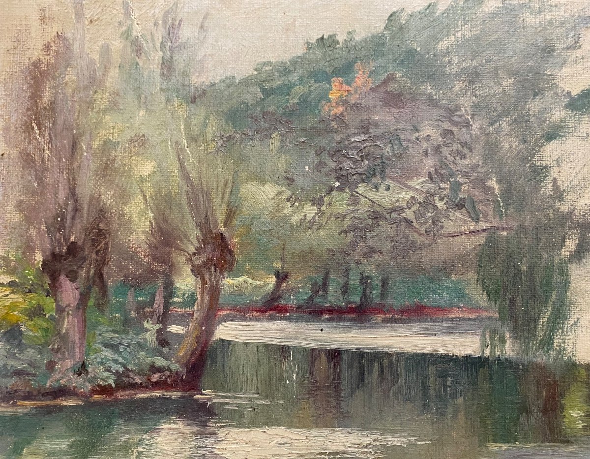 Basile Lemeunier Riverside Oil On Canvas Normandy Villecresnes 1900-photo-3