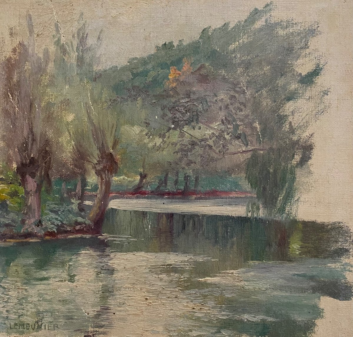 Basile Lemeunier Riverside Oil On Canvas Normandy Villecresnes 1900