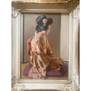 Albert Vauquelin Japonaise En Kimono Huile Sur Toile Japon 1930
