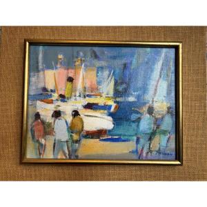 Jean Hugon Le bateau blanc huile sur toile Bordeaux Arcachon Bassin Cap Ferret