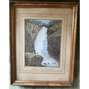 Jean Dubois (1789-1849) Swiss School Turtmann Waterfall Valais Signed Gouache