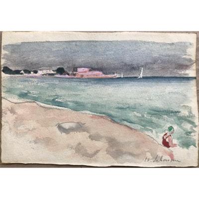 Henri Lebasque « jeune femme au maillot rouge sur une plage » Aquarelle / paysage marin 