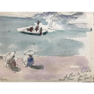 Henri Lebasque « plage animée, Côte Méditerranéenne », Aquarelle