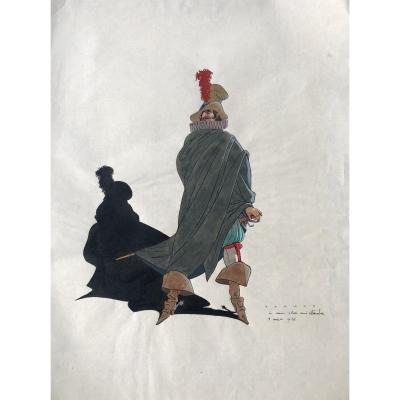 René RANSON « Cyrano de Bergerac », Encre Et Aquarelle Dédicacée à Charles Leandre / théâtre 
