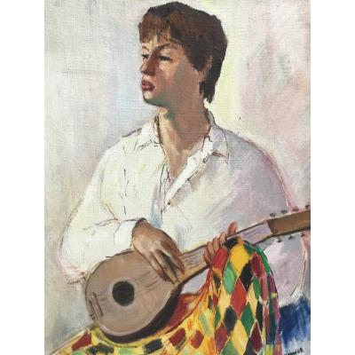 Eugène Gasnier - Huile Sur Toile - Portrait garçon - Jeune Homme Musicien à La Guitare - années 40