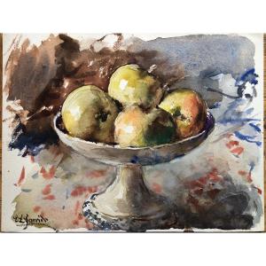 Eduardo Leon Garrido Nature Morte Aux Pommes Aquarelle Ecole Espagnole 