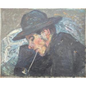 école Française Vers 1900 Portrait D’artiste Ou Autoportrait à La Pipe Huile 1903