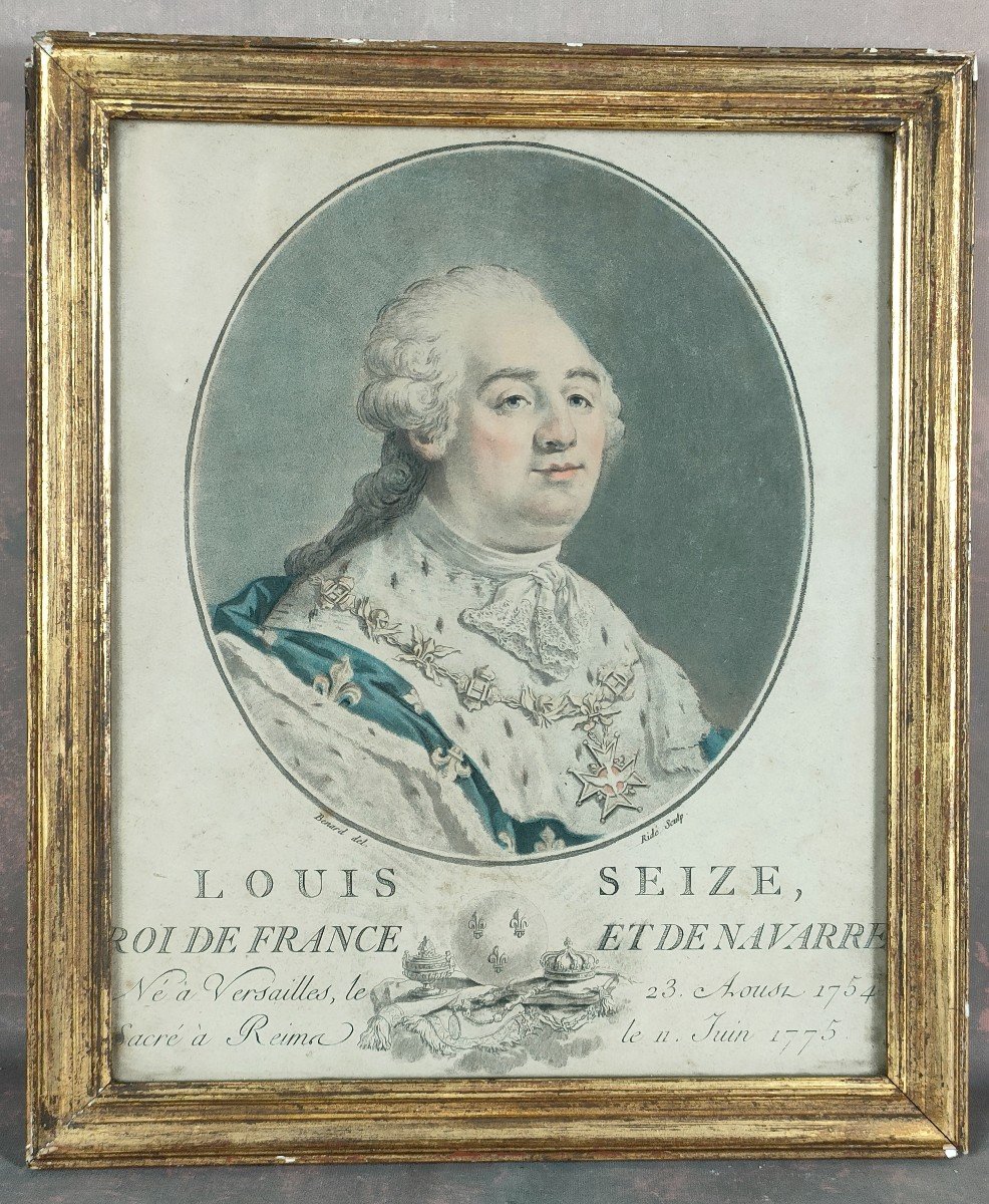 Portrait XVIII&egrave;me Louis XVI Gravure couleur par Benard et Rid&eacute; 