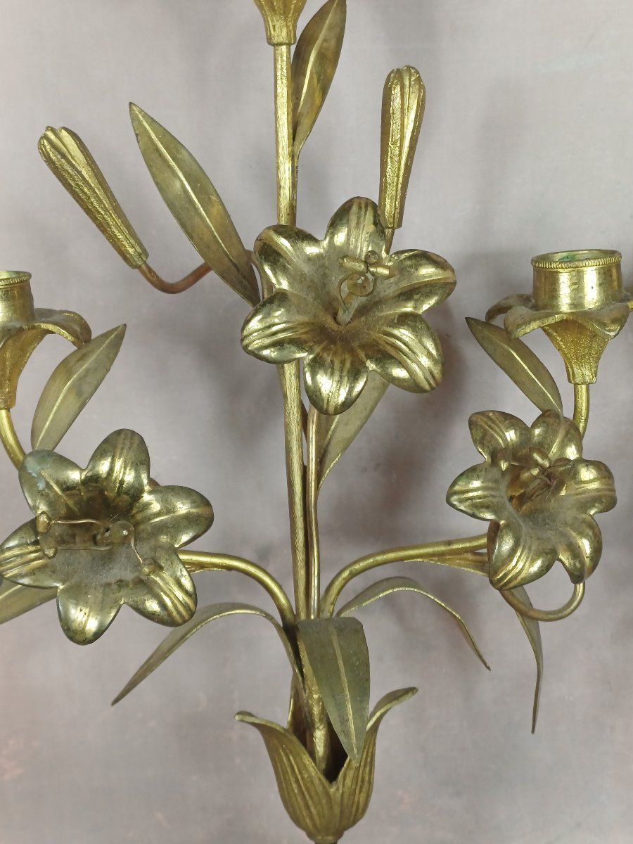 Paire chandeliers d'église candélabres bronze doré-photo-3