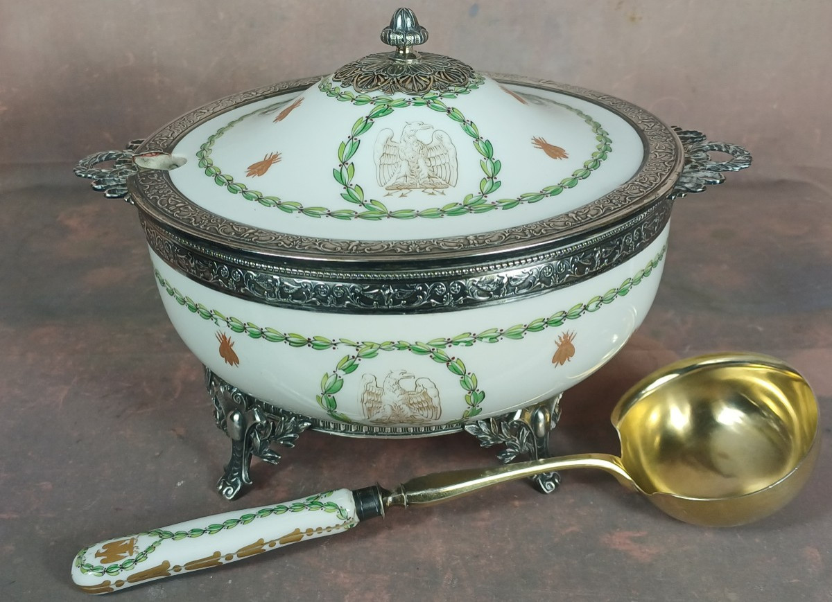 Porcelain And Sterling Silver Broth Bowl With Napoleon Empire Decor 