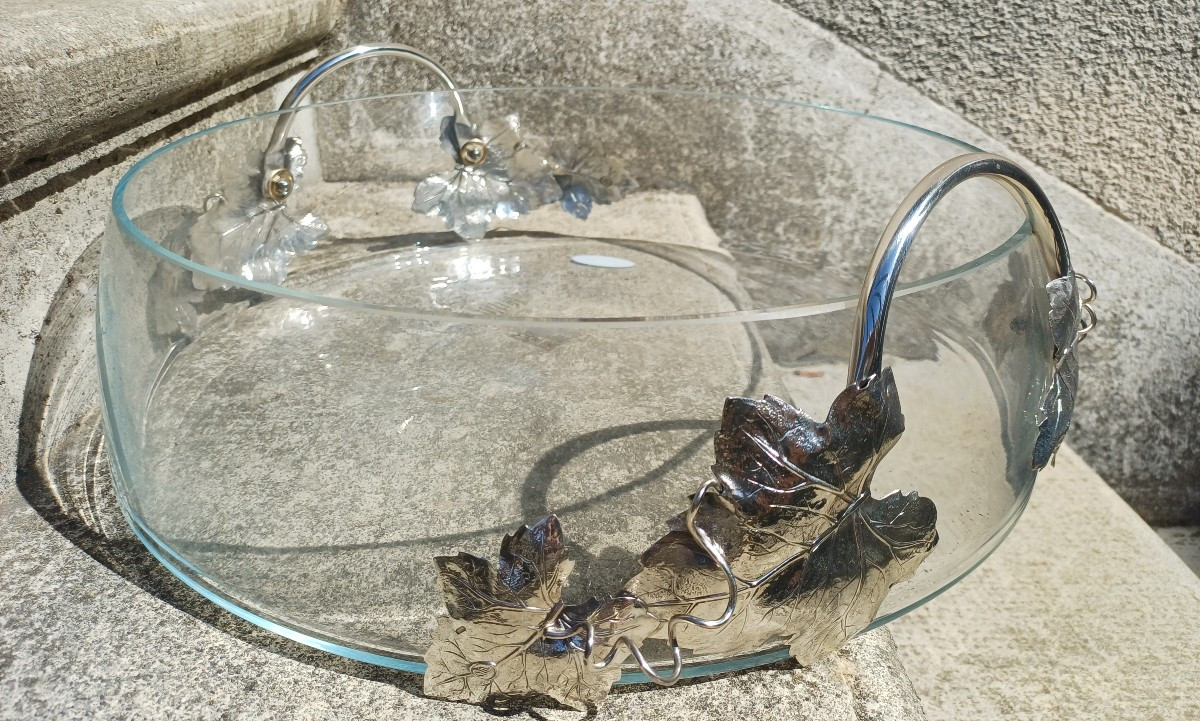 Coupe à fruits centre de table argent massif et verre Maria Cristina Sterling