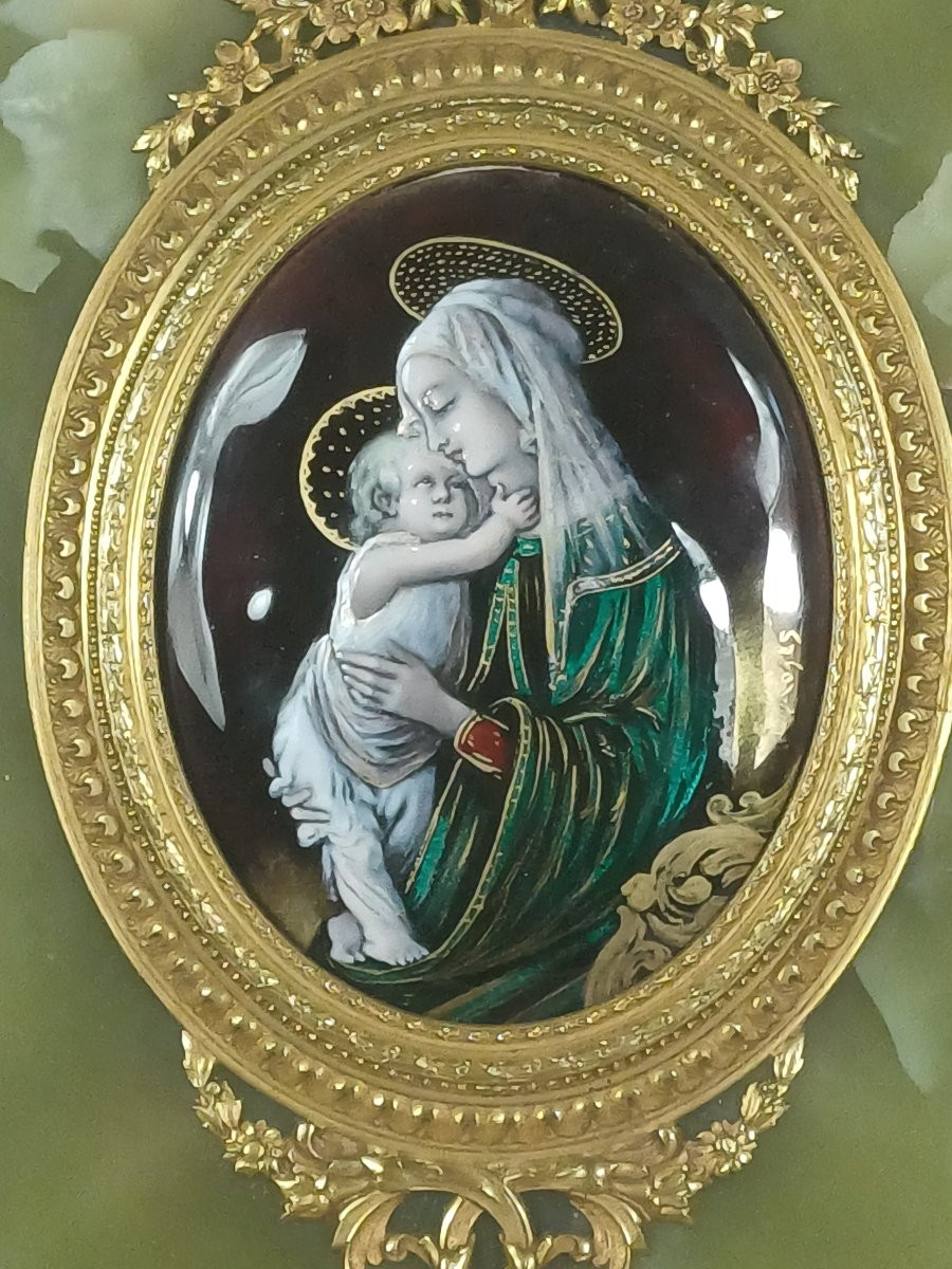 Grand bénitier onyx vert et bronze doré, émail de Limoges-photo-2