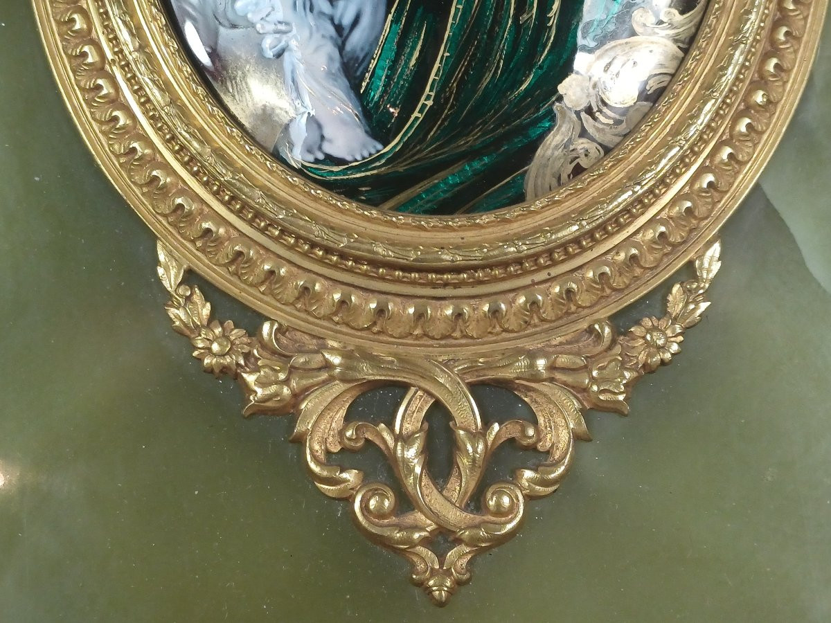 Grand bénitier onyx vert et bronze doré, émail de Limoges-photo-3