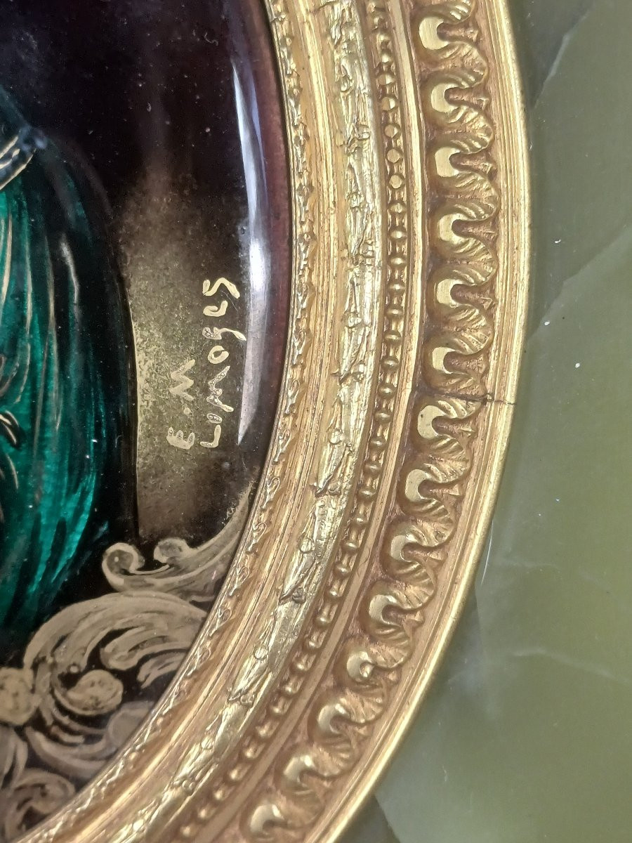Grand bénitier onyx vert et bronze doré, émail de Limoges-photo-4