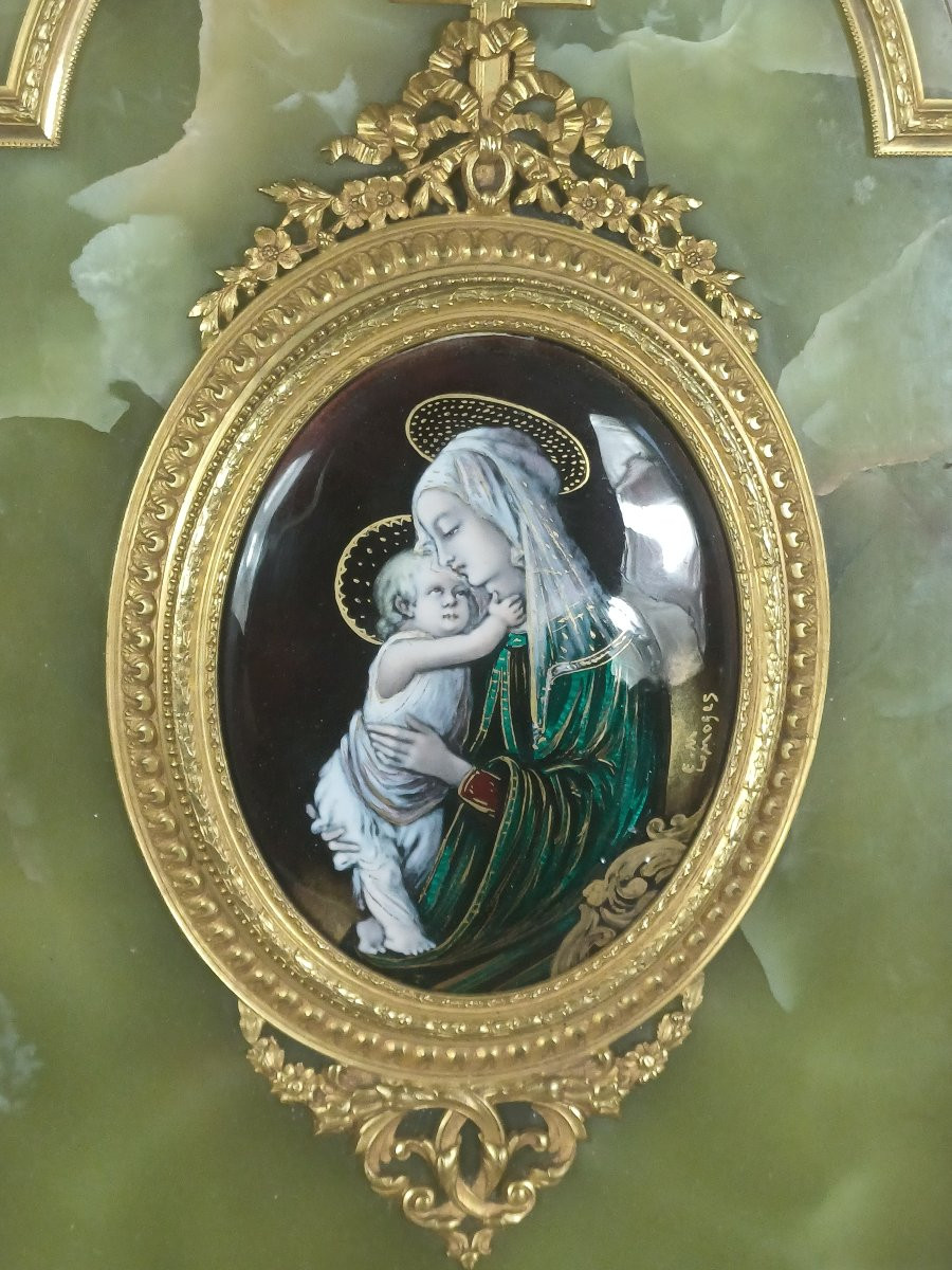 Grand bénitier onyx vert et bronze doré, émail de Limoges-photo-1