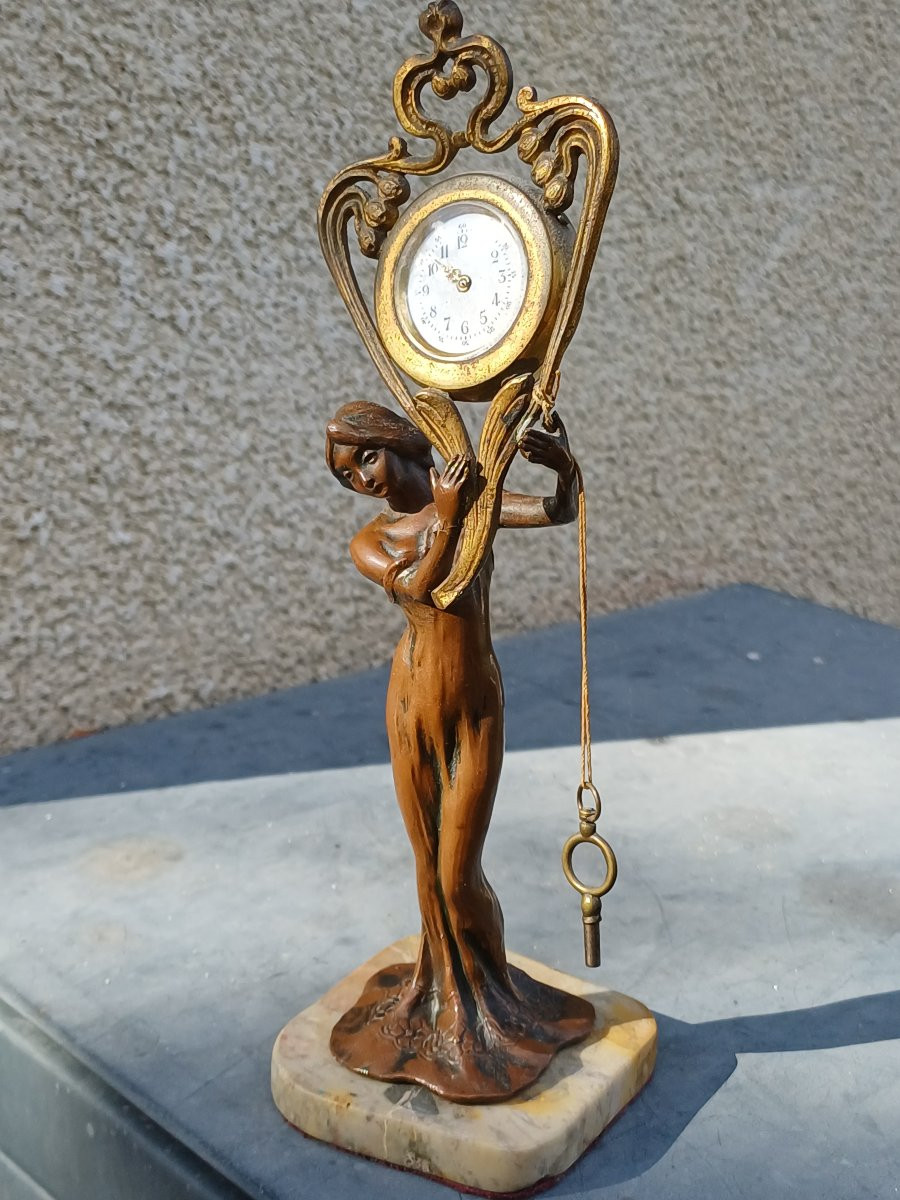 Pendule horloge de table art nouveau femme bronze porte montre-photo-2