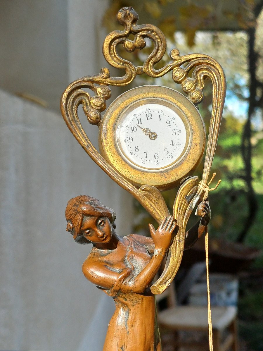 Pendule horloge de table art nouveau femme bronze porte montre-photo-3