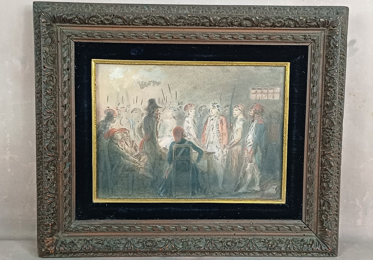 Esquisse R&eacute;union de soldats r&eacute;volutionnaires et responsables portant bonnet phrygien