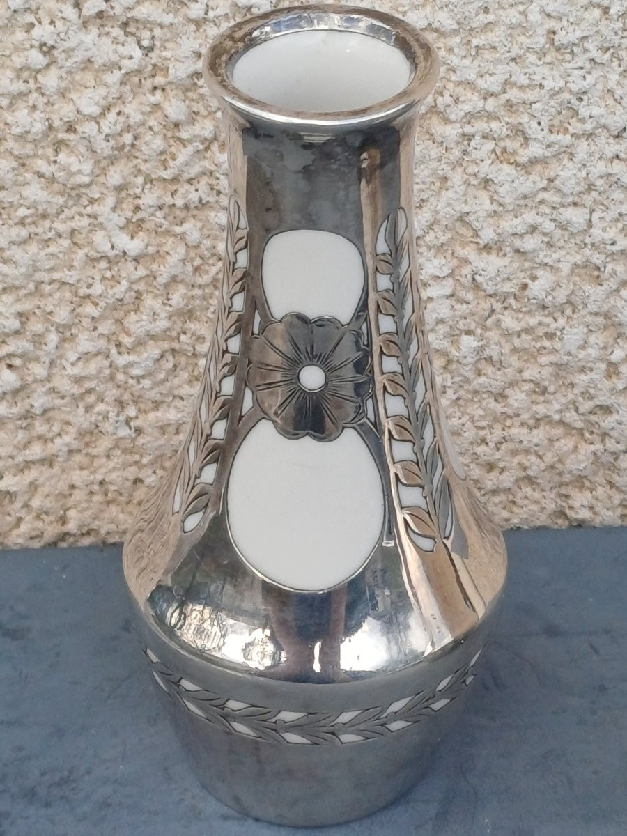 Pair Of Art Nouveau Porcelain Vases With Solid Silver Mounts-photo-2