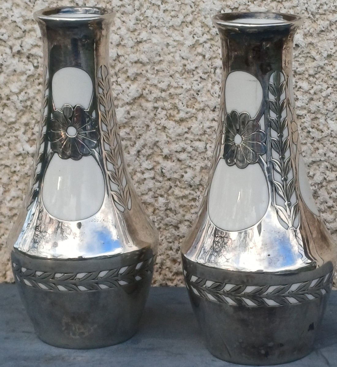 Pair Of Art Nouveau Porcelain Vases With Solid Silver Mounts