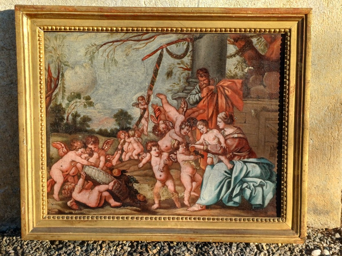 Hst Fantaisie de putti autour de la Ste Famille fin 18ème XVIIIème-photo-1