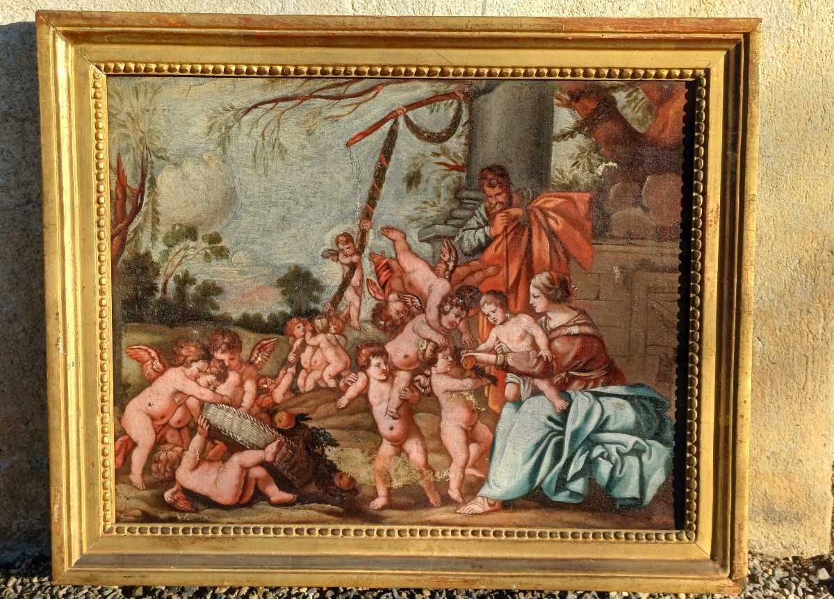 Hst Fantaisie de putti autour de la Ste Famille fin 18ème XVIIIème