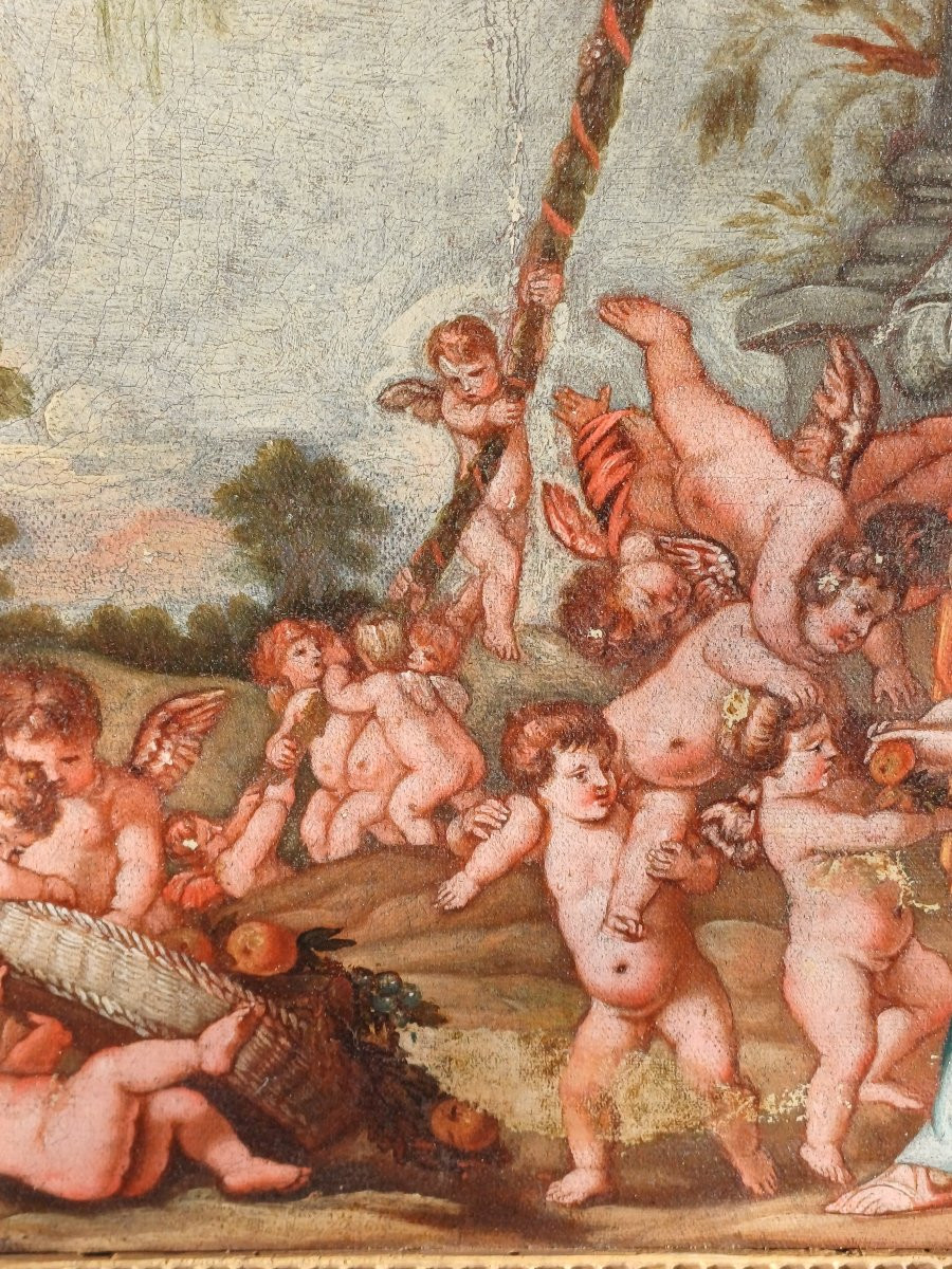 Hst Fantaisie de putti autour de la Ste Famille fin 18ème XVIIIème-photo-2