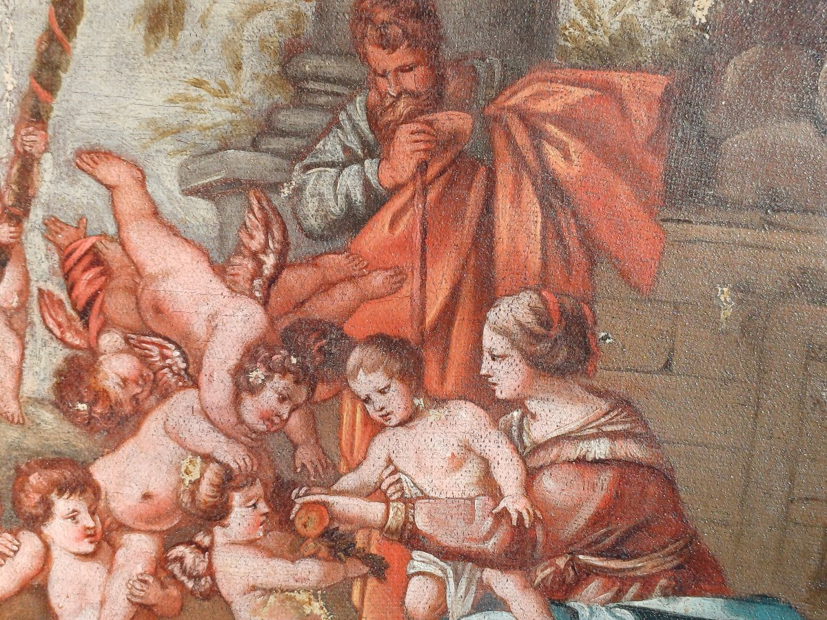 Hst Fantaisie de putti autour de la Ste Famille fin 18ème XVIIIème-photo-1