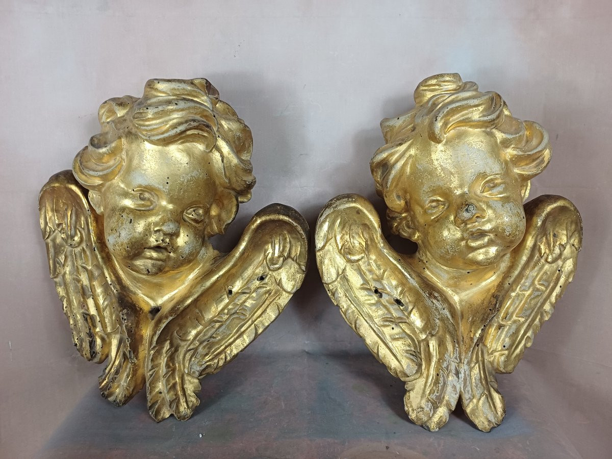 Paire de têtes d'Anges bois doré putti chérubin 18ème -photo-1